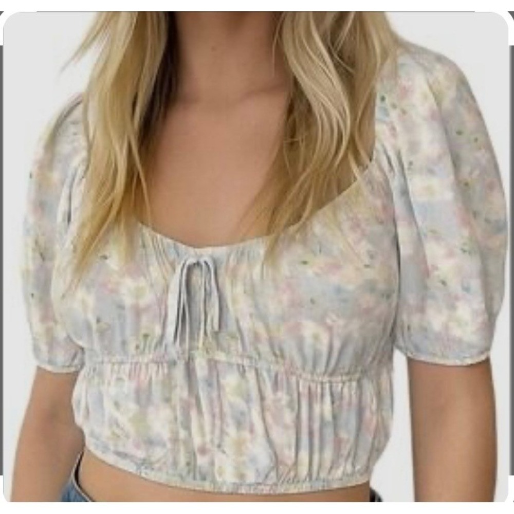 Elodie Blue Floral Daisy Puff Sleeve Crop Milk Maid Top Small NEW